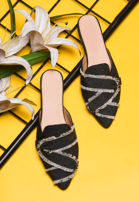 Frayed Edge Denim Pointed-Toe Mule Flats