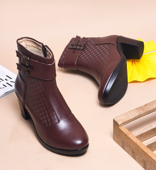 Block Heel Ankle Boots with Buckle Detail for Women