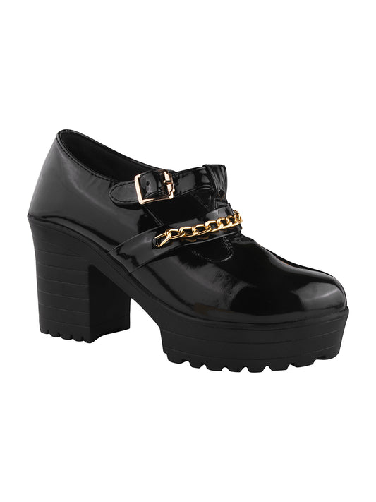 Black Patent Platform Block Heel Loafers for Women