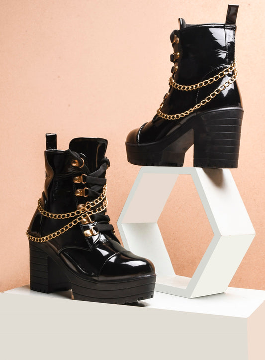 Black Patent Platform Ankle Boots with Chunky Heel