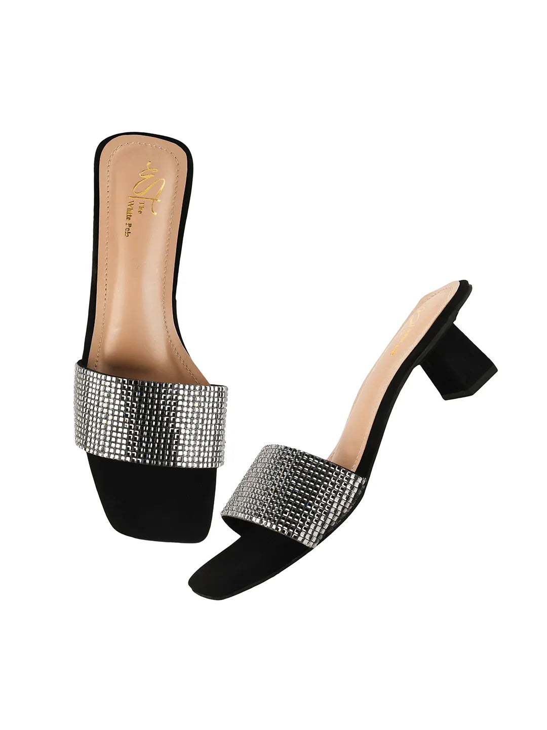 Crystal Grid Block Heel Slides