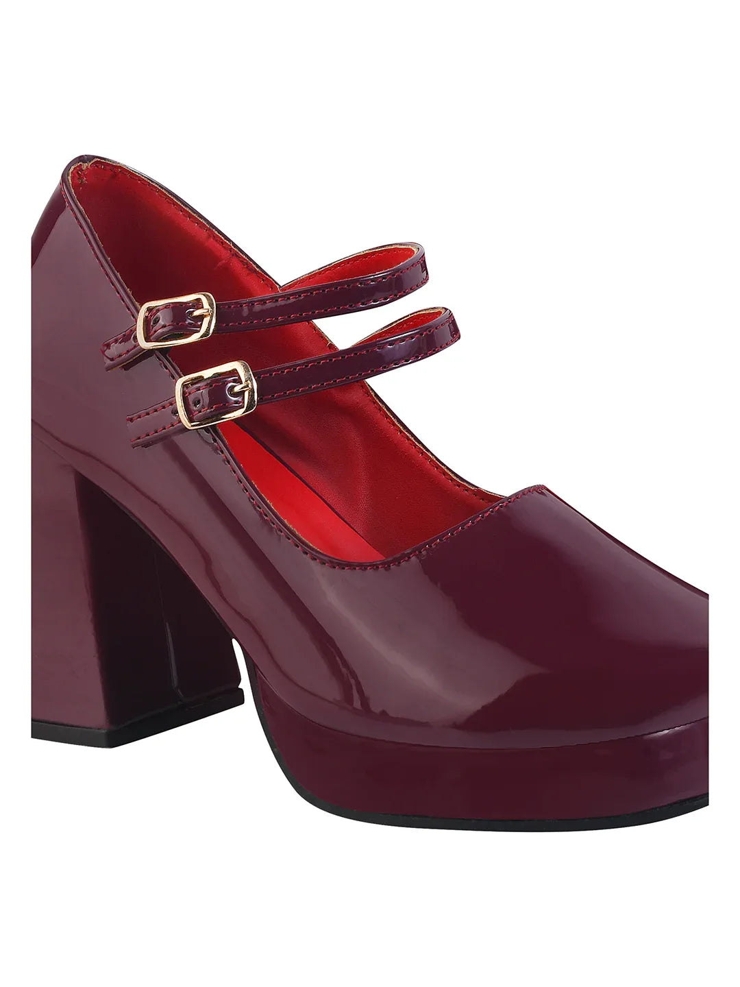 Patent Finish Double Strap Block Heel Pumps