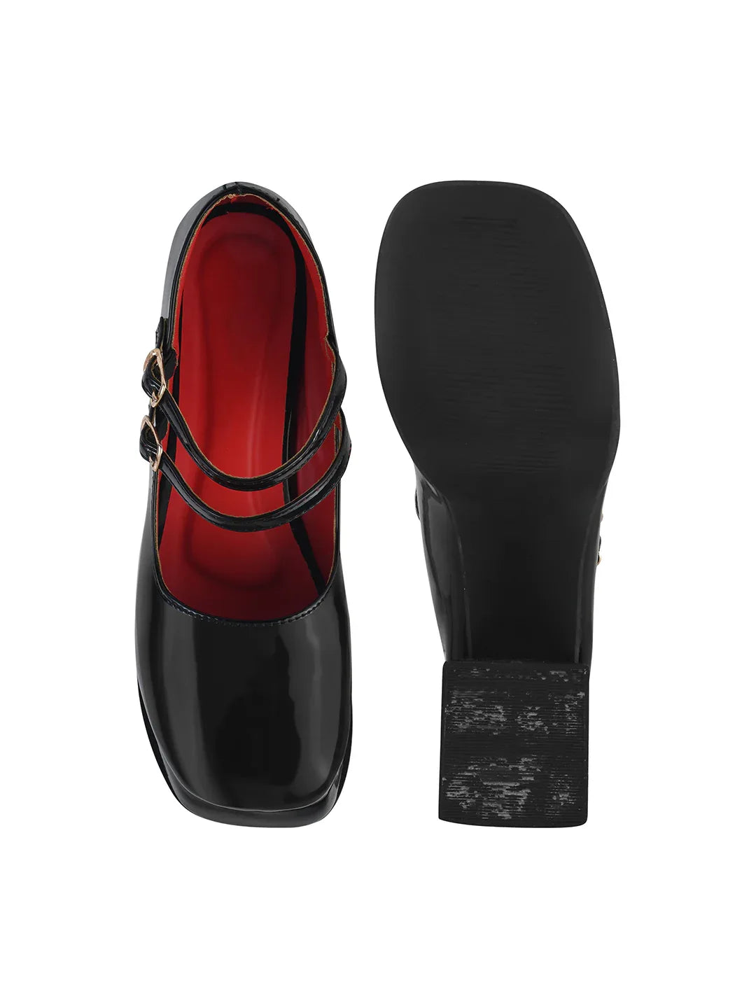 Patent Finish Double Strap Block Heel Pumps