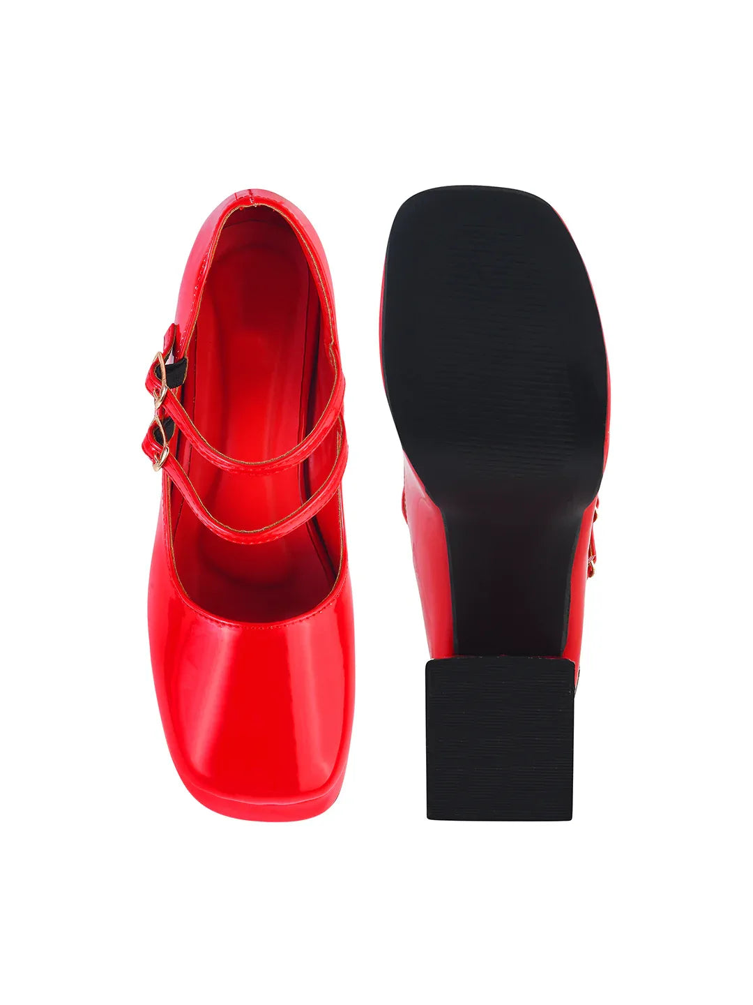 Patent Finish Double Strap Block Heel Pumps