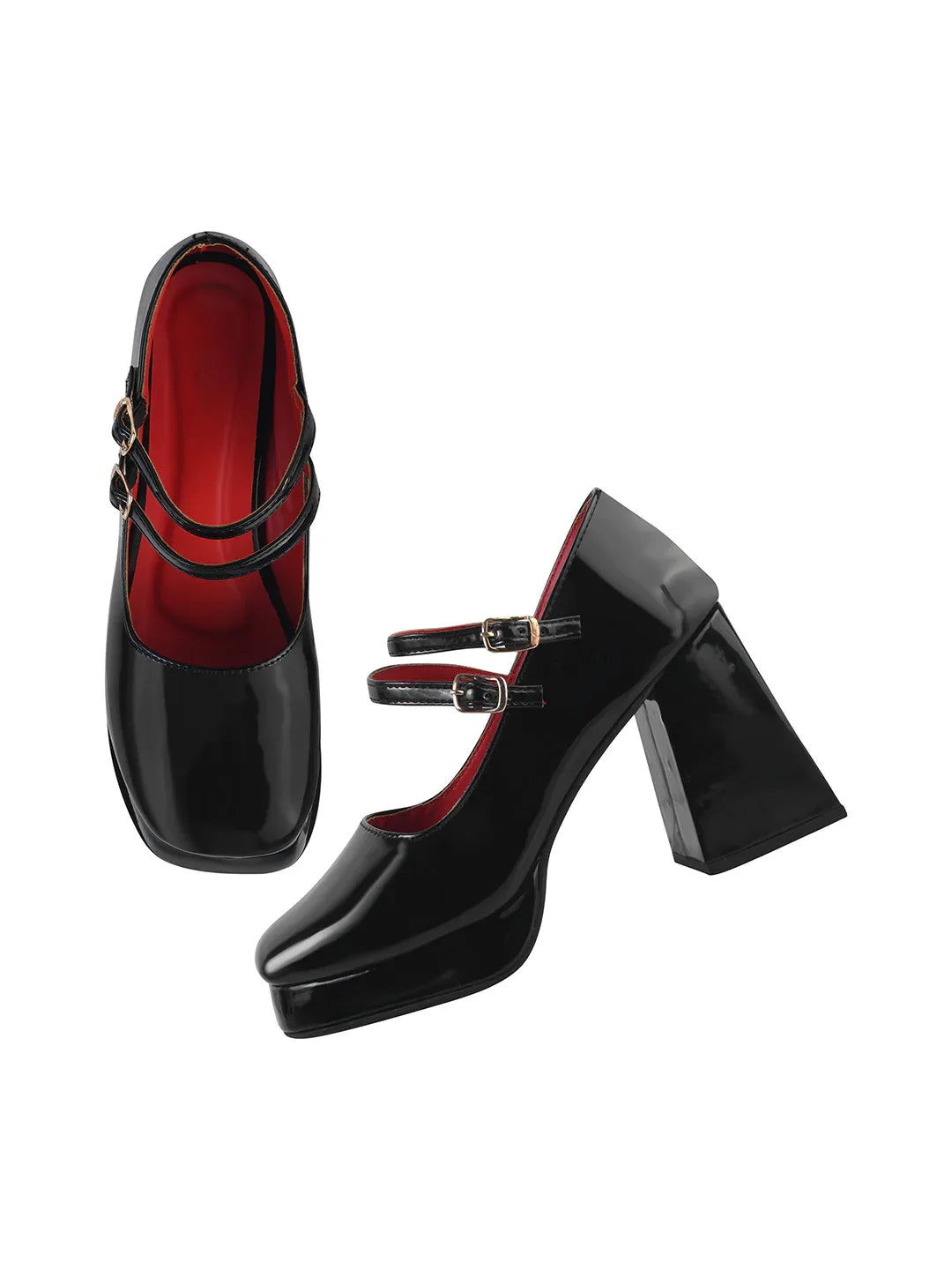 Patent Finish Double Strap Block Heel Pumps