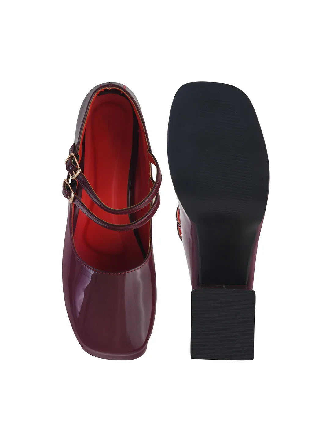 Patent Finish Double Strap Block Heel Pumps