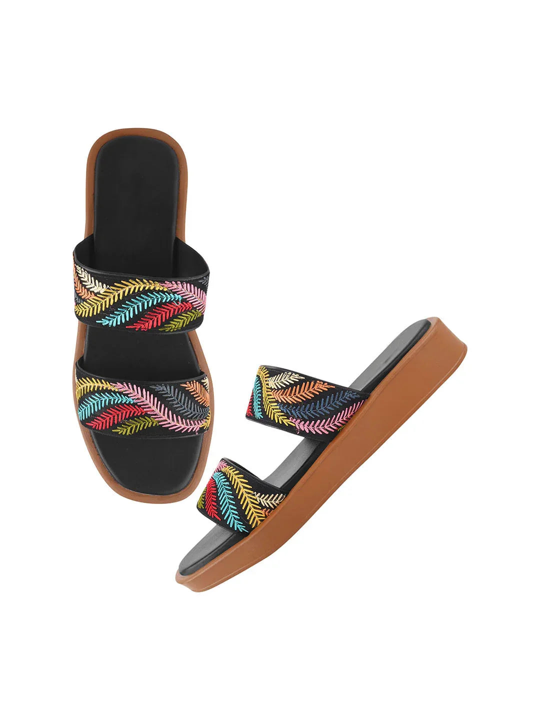 Ethnic Leaf Embroidery Flat Slides