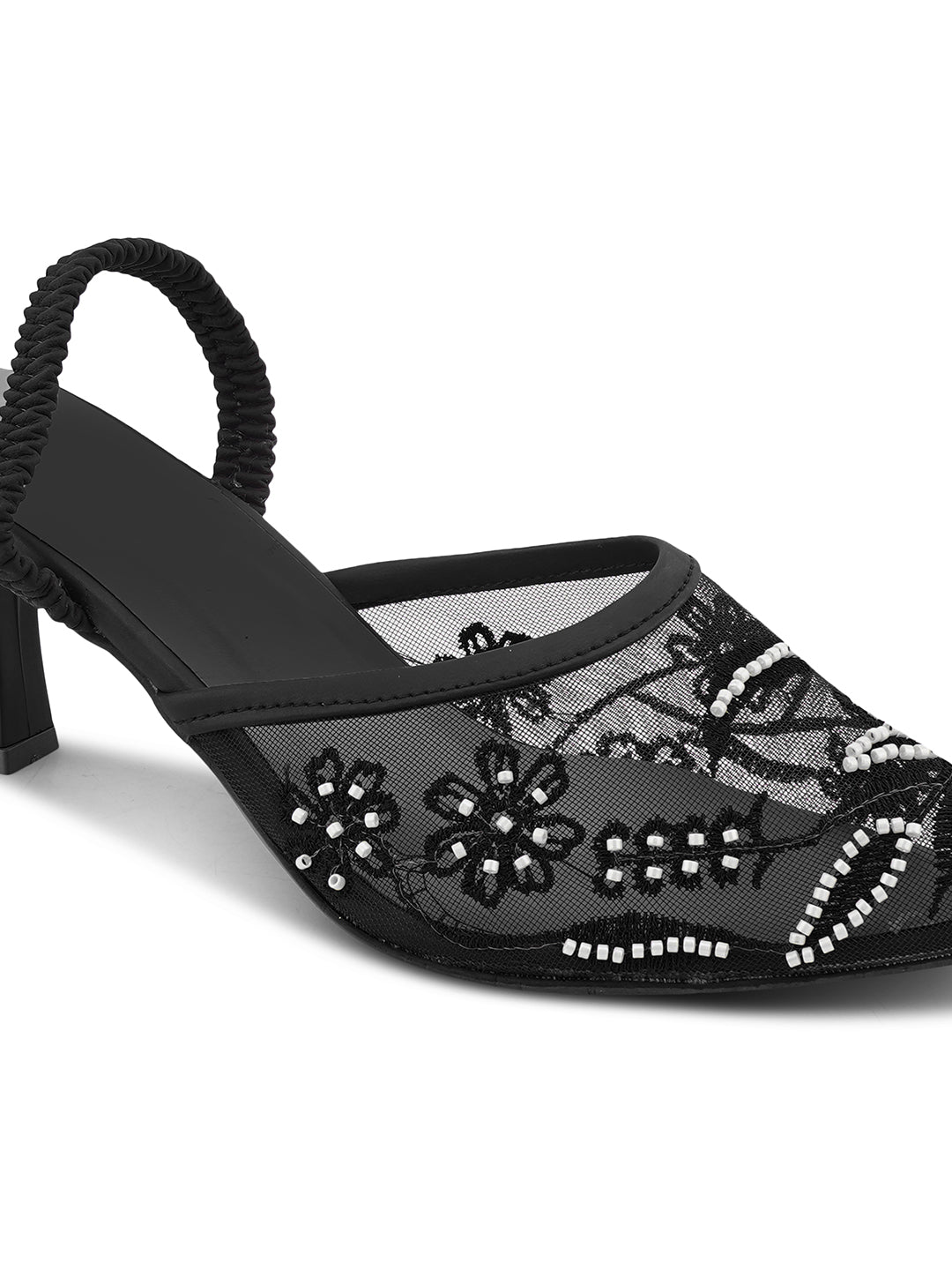 Mesh Embellished Pointed Toe Mule Heels
