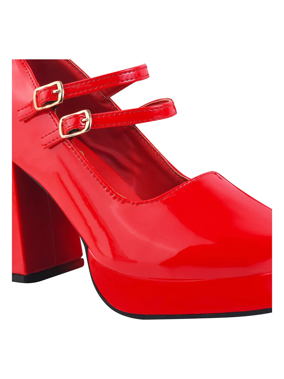 Patent Finish Double Strap Block Heel Pumps