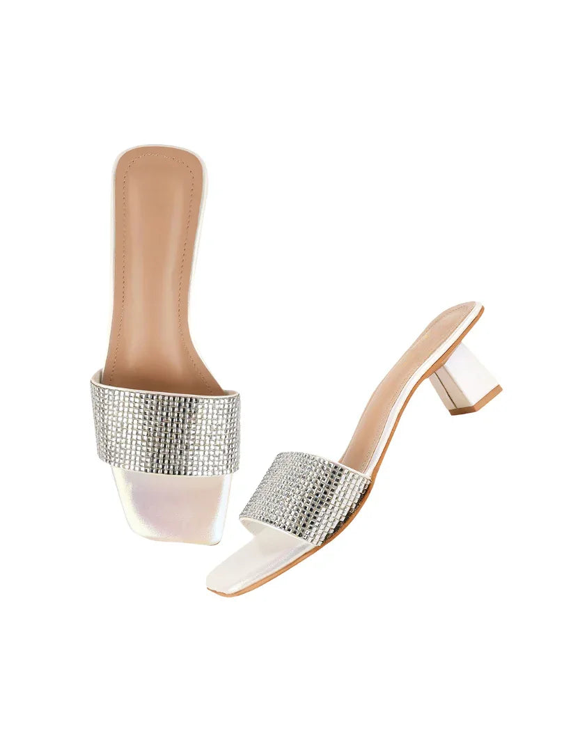 Crystal Grid Block Heel Slides