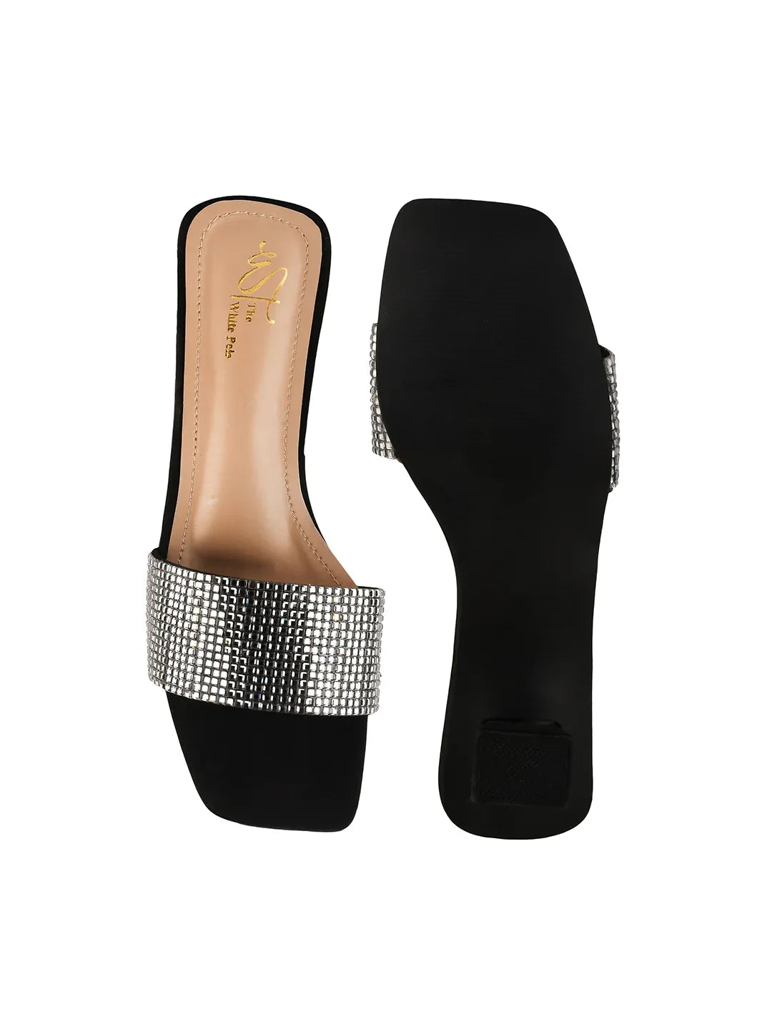 Crystal Grid Block Heel Slides