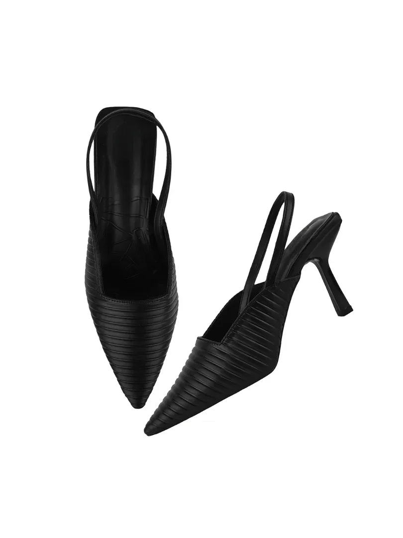 Noir Ribbed Stiletto Slingbacks