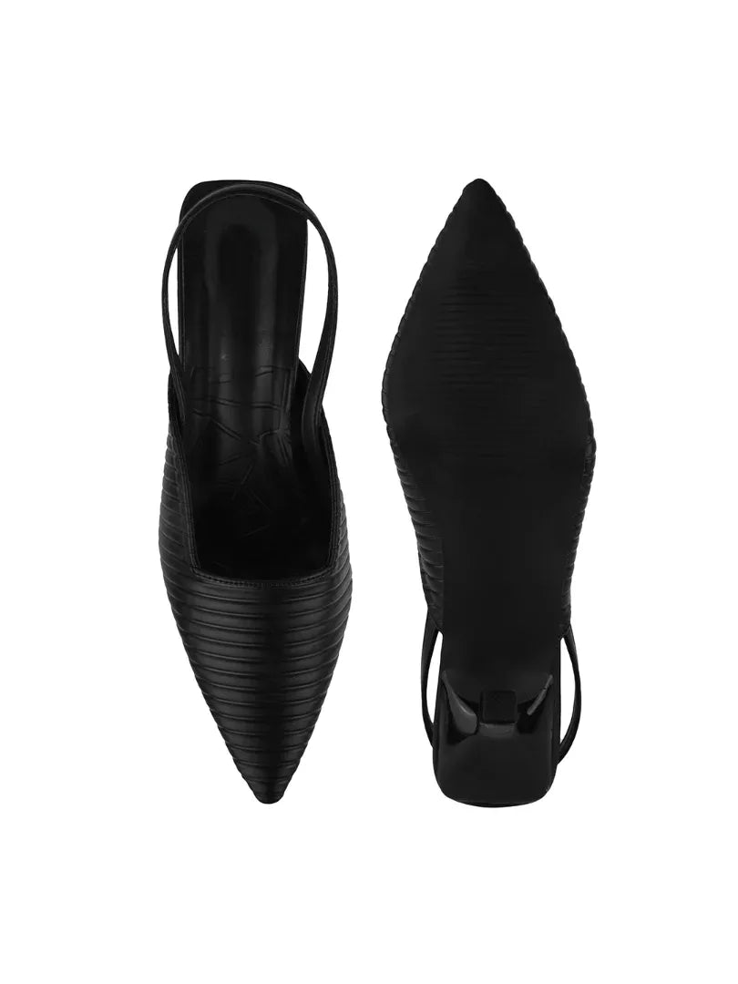 Noir Ribbed Stiletto Slingbacks