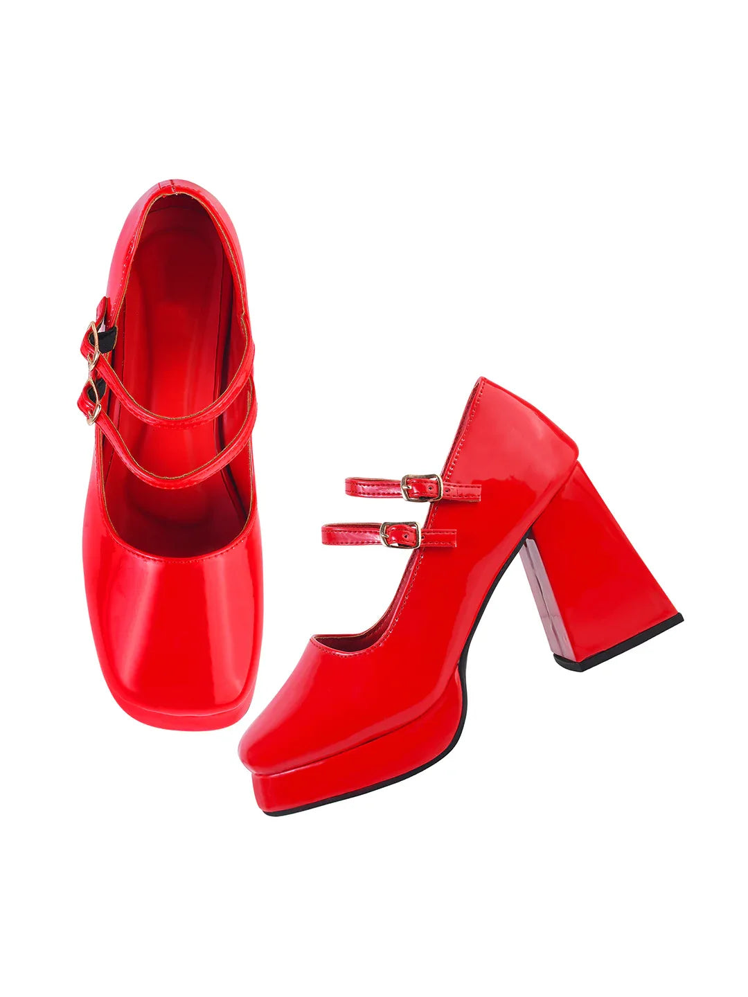 Patent Finish Double Strap Block Heel Pumps