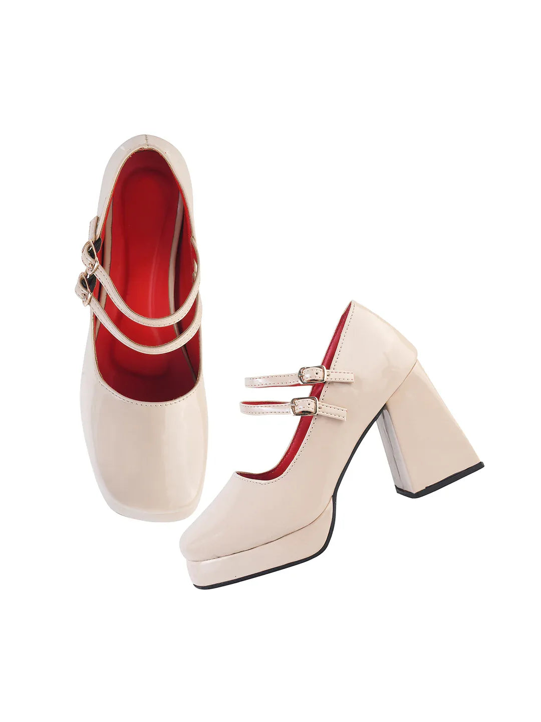 Patent Finish Double Strap Block Heel Pumps