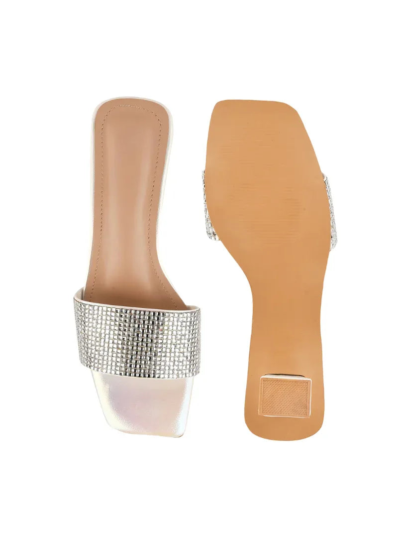 Crystal Grid Block Heel Slides