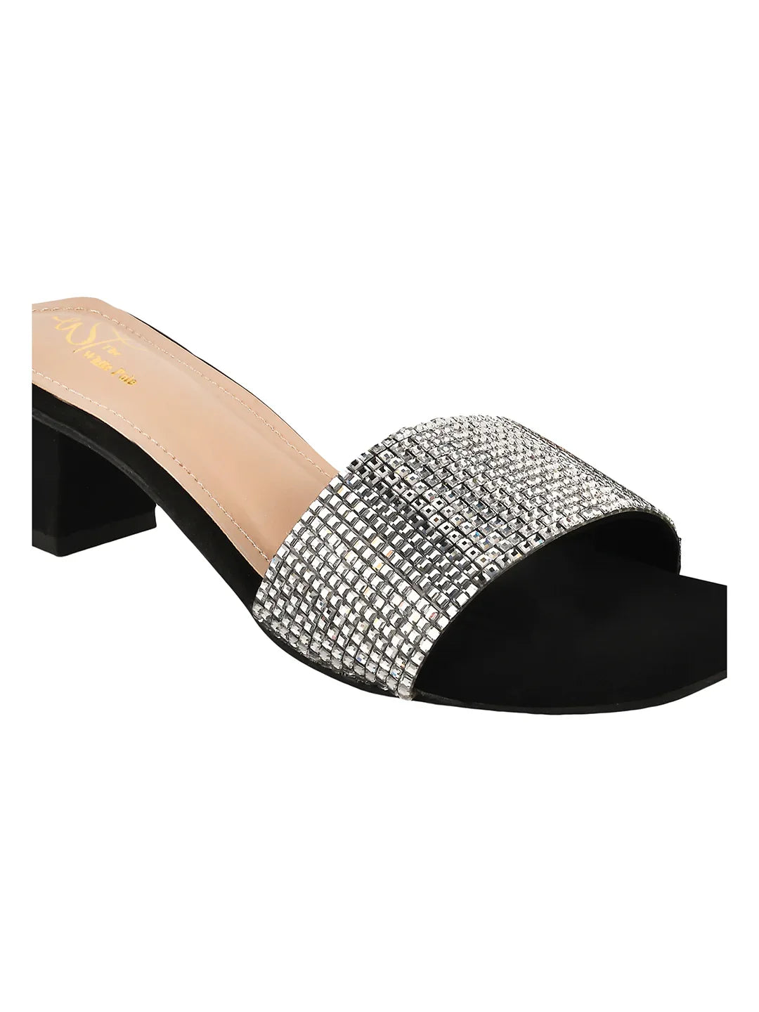 Crystal Grid Block Heel Slides