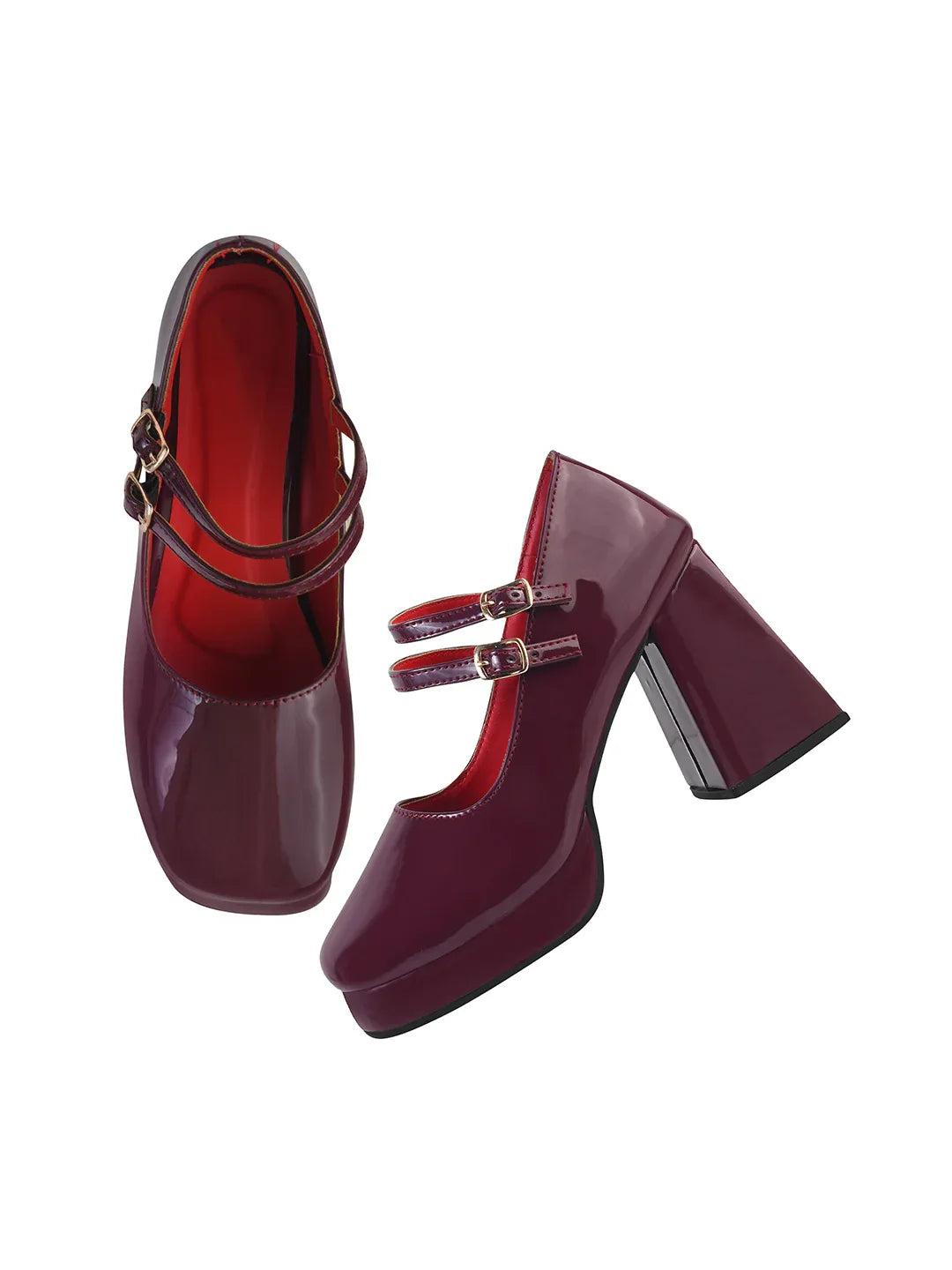 Patent Finish Double Strap Block Heel Pumps