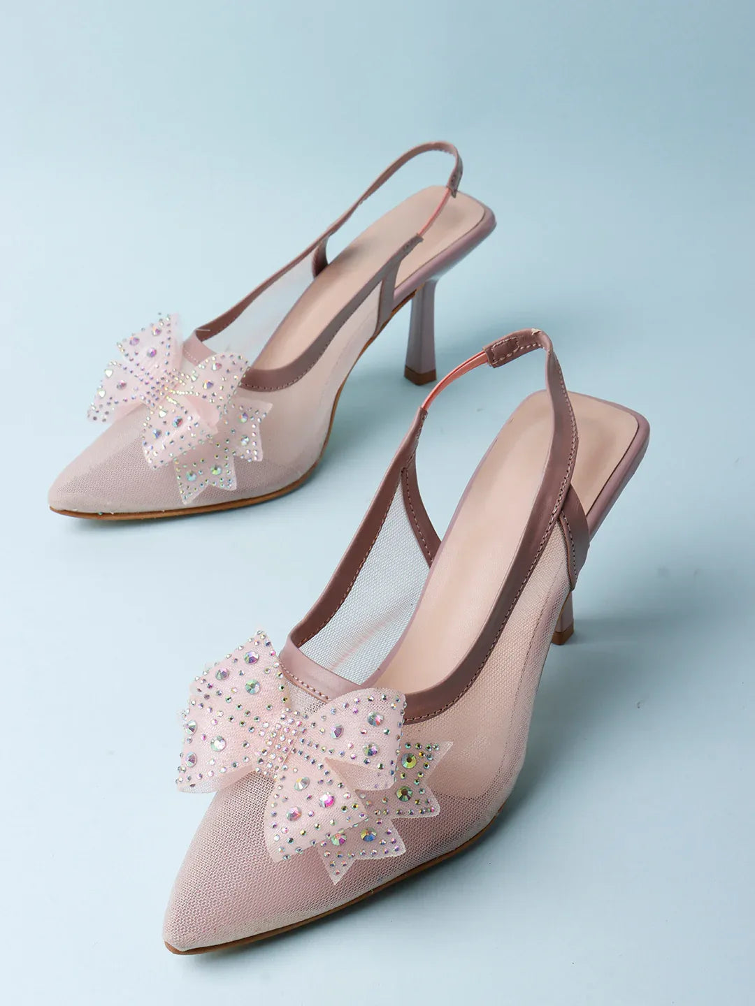 Glam Studded Bow Pointed Slingback Heels