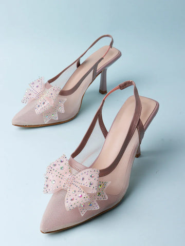 Glam Studded Bow Pointed Slingback Heels