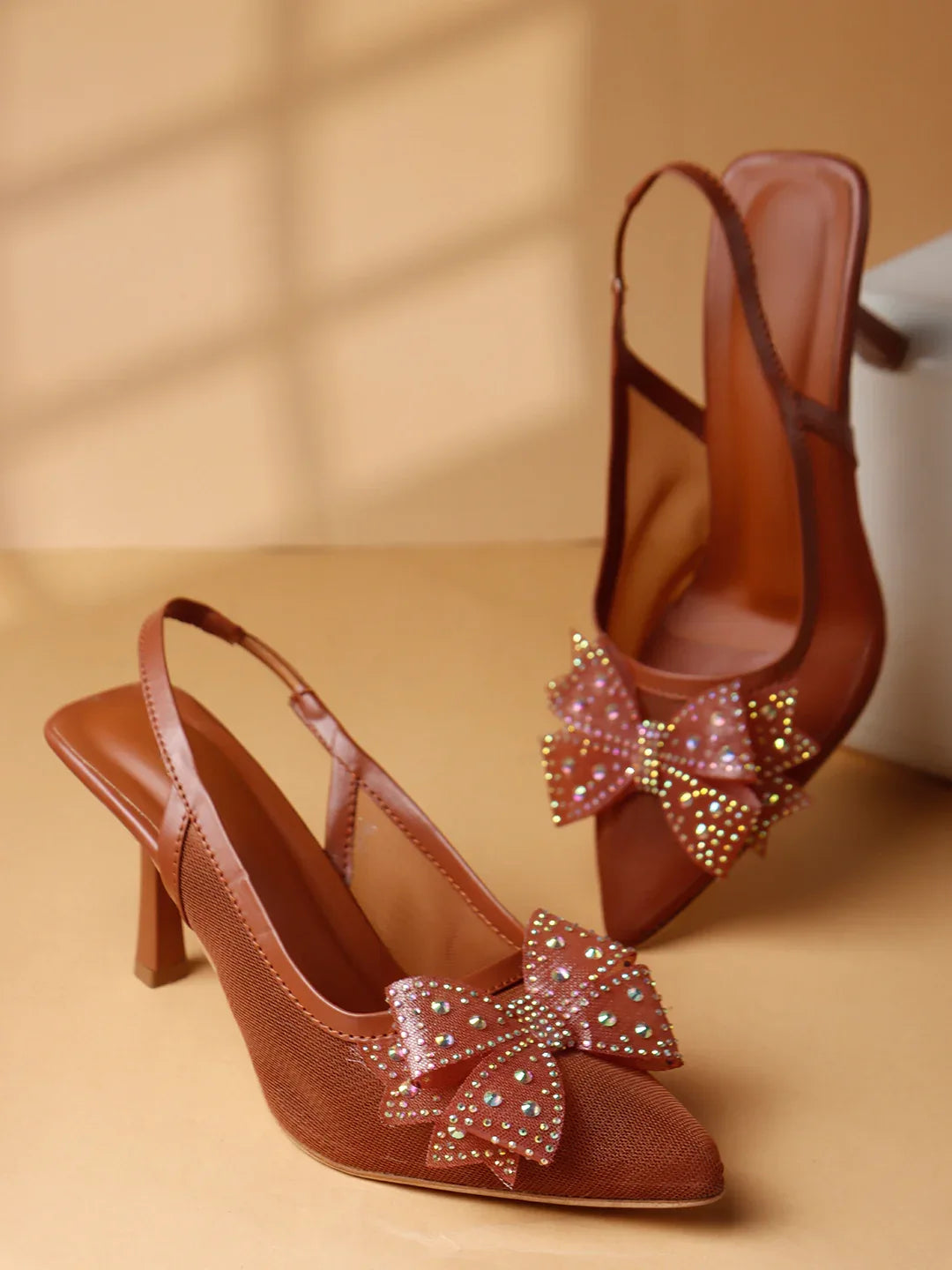 Glam Studded Bow Pointed Slingback Heels
