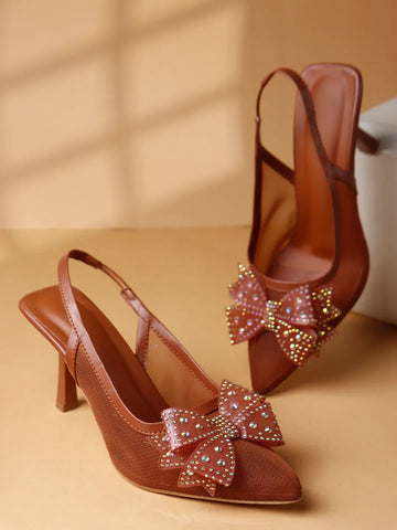 Glam Studded Bow Pointed Slingback Heels