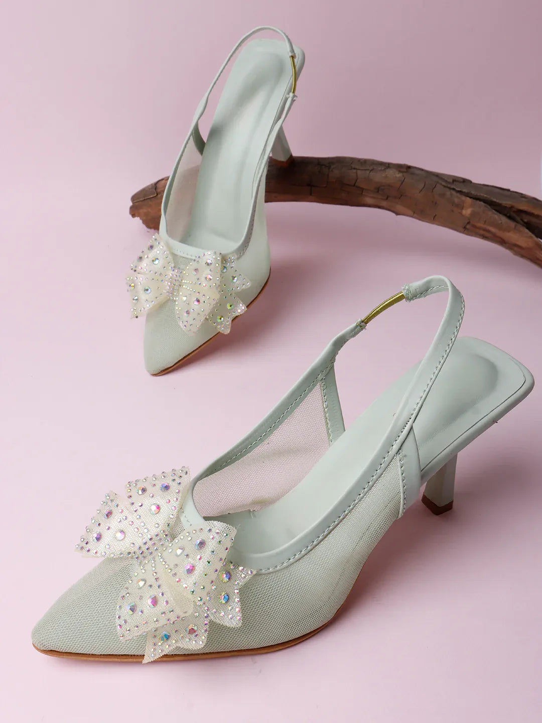Glam Studded Bow Pointed Slingback Heels