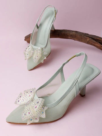 Glam Studded Bow Pointed Slingback Heels