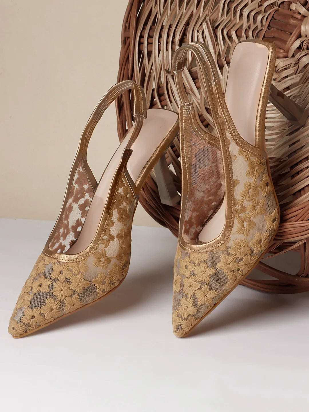 Embroidered Pointed Toe Slingback Heels with Mesh Design