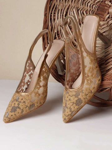 Embroidered Pointed Toe Slingback Heels with Mesh Design