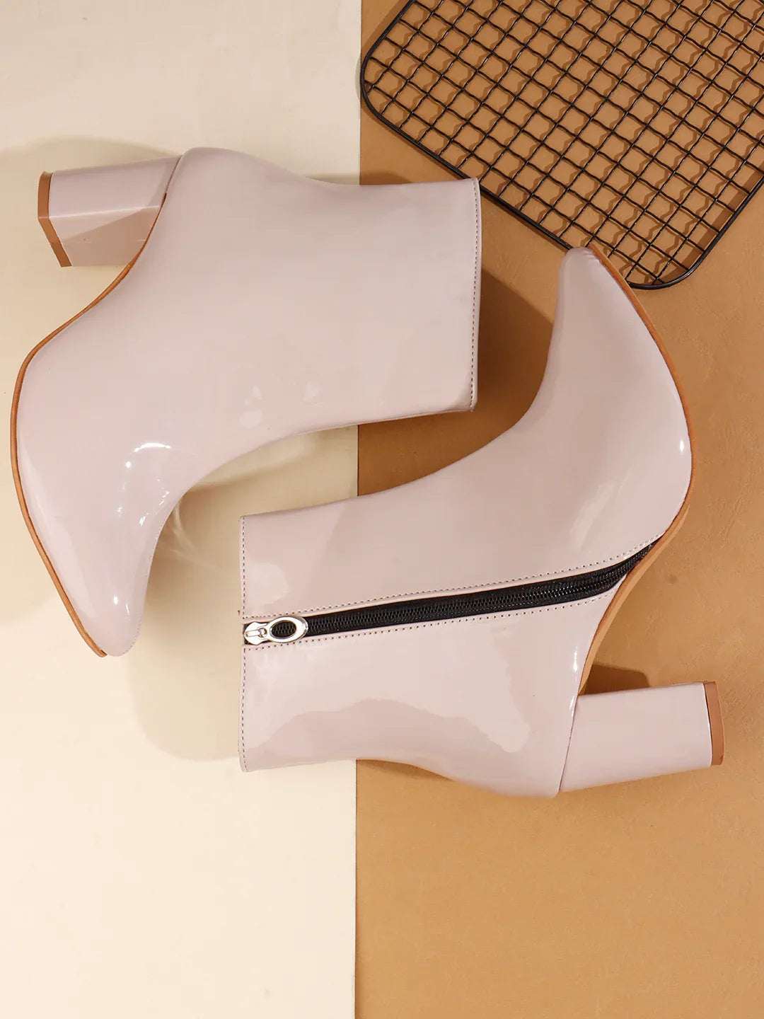 Patent Finish Block Heel Ankle Boots for Women