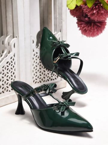 Patent Finish Bow-Detail Kitten Heel Mules