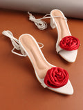 Rose Detail Tie-Up Mid Heel Sandals