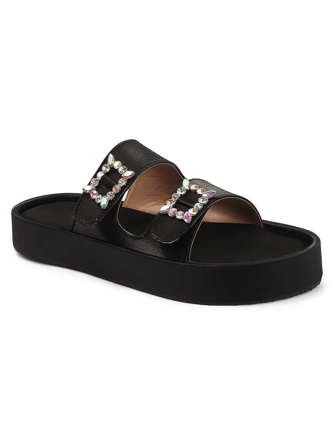 Dual-Strap Rhinestone Buckle Slide Soft Casual Flats
