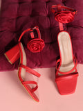 Rose Detail Ankle Strap Block Heels