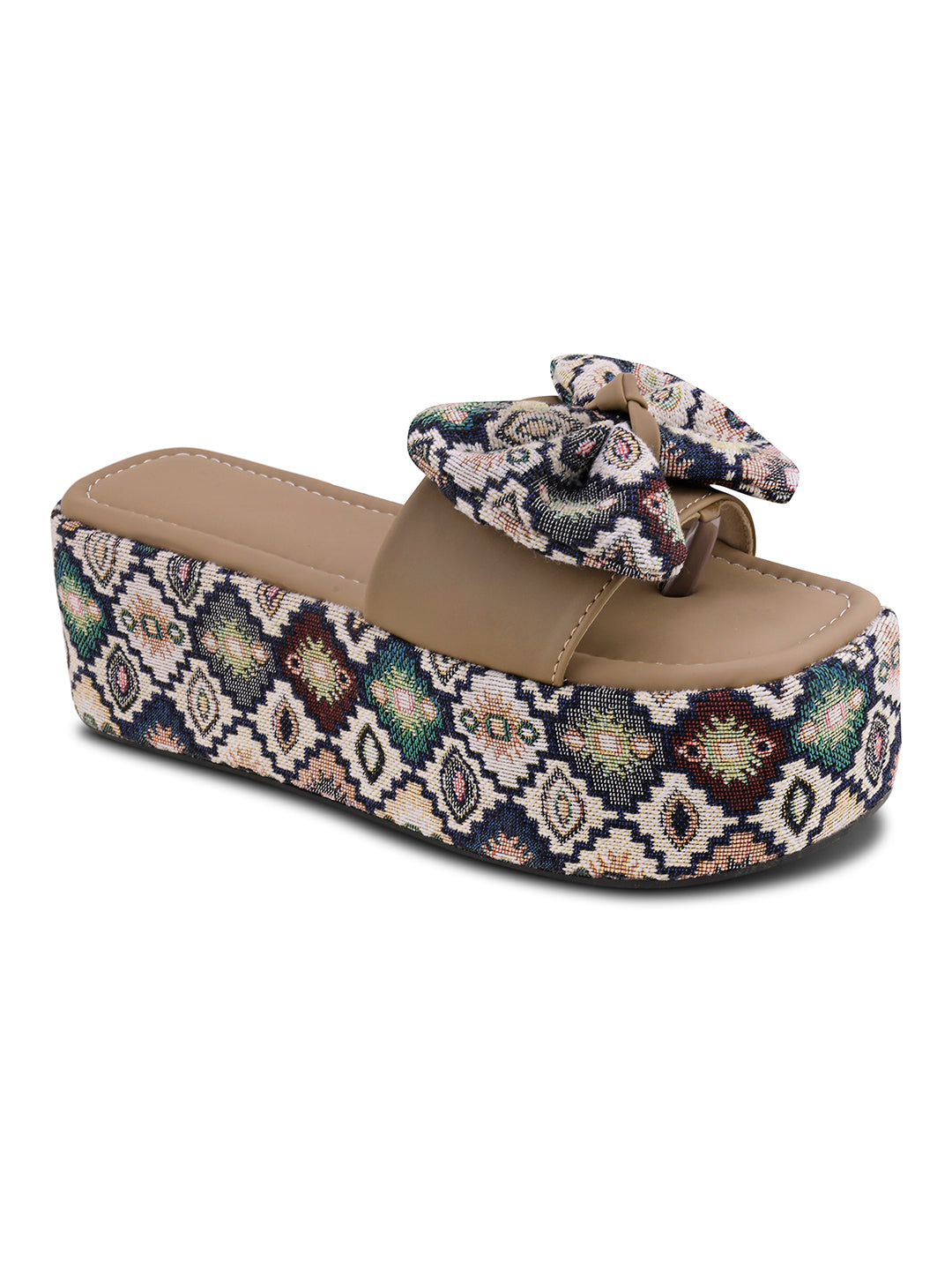 Tribal Boho Bow Printed Platform Wedge Slides