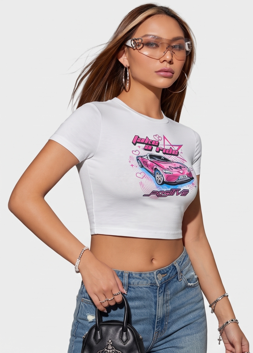 "Take A Ride" Graphic Crop T-Shirt-White