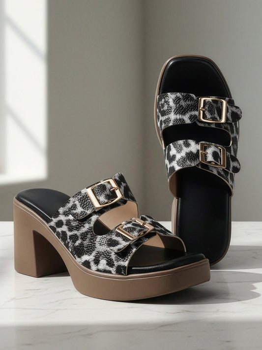 Animal Print Double Buckle Block Heel