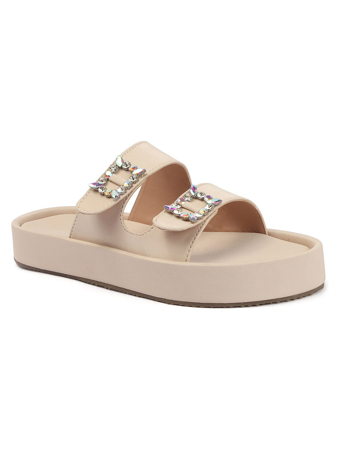 Dual-Strap Rhinestone Buckle Slide Soft Casual Flats
