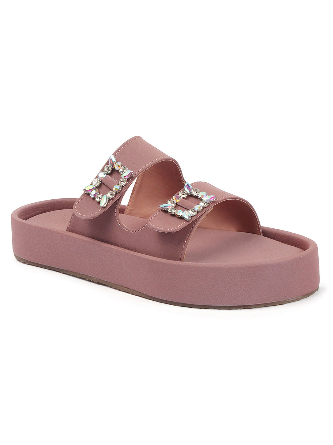 Dual-Strap Rhinestone Buckle Slide Soft Casual Flats