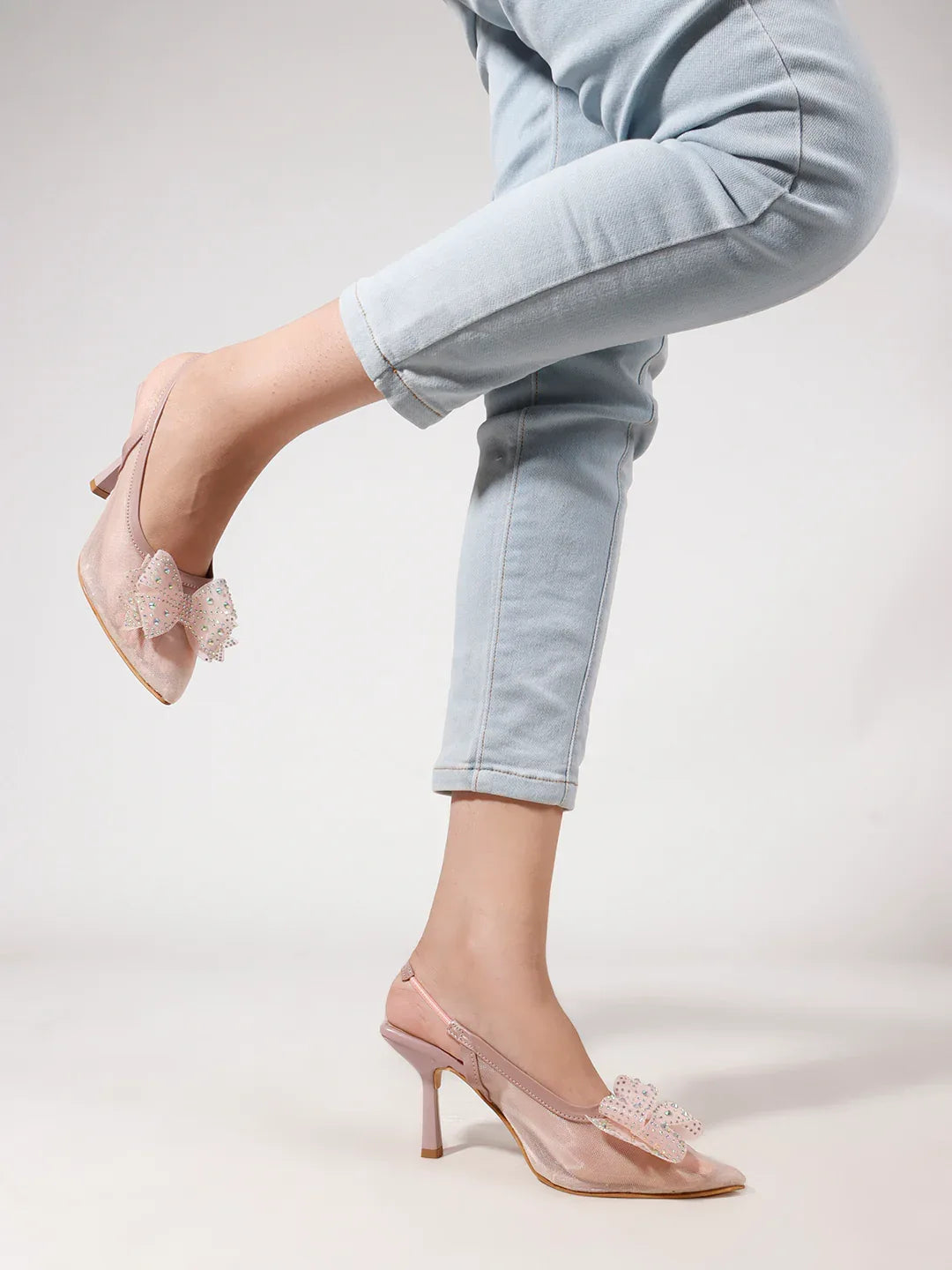 Glam Studded Bow Pointed Slingback Heels