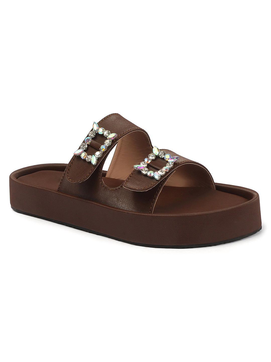 Dual-Strap Rhinestone Buckle Slide Soft Casual Flats
