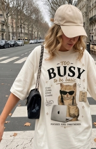 Cute Aesthetic Oversized Busy Cat Graphic Printed T-Shirt