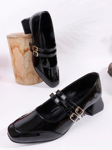 Patent Finish Buckle Detail Mid Heels