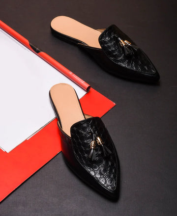 Minimal Tassel Detail Pointed Mule Flats
