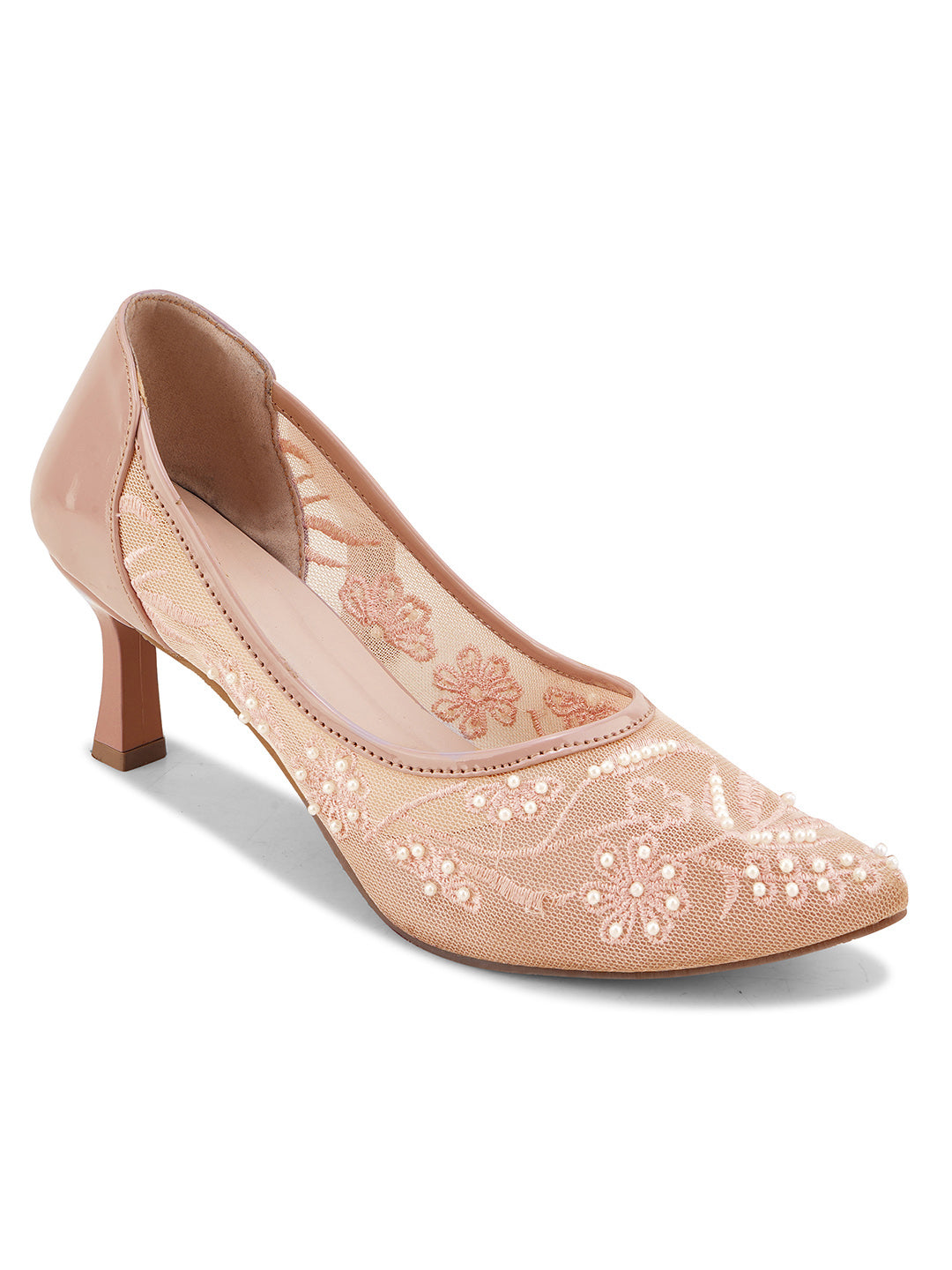 Pearl Embroidered Mesh Kitten Heels