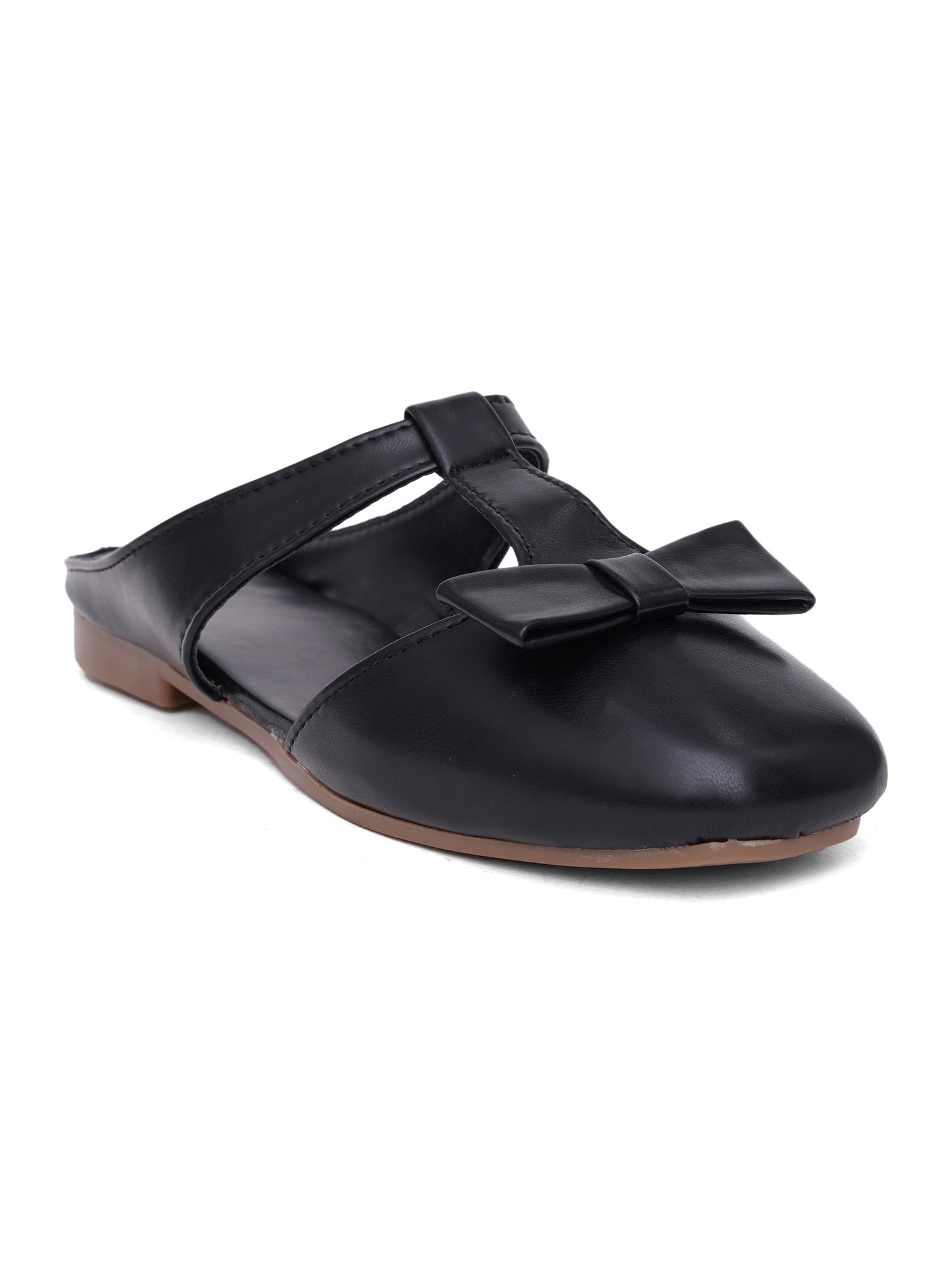 Casual Slip-On Women's Bow Detail T-Strap Mule Flats-Black
