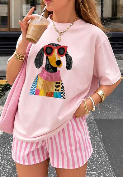 Cotton Tee Oversized Cute Dog Graphic Printed T-Shirt