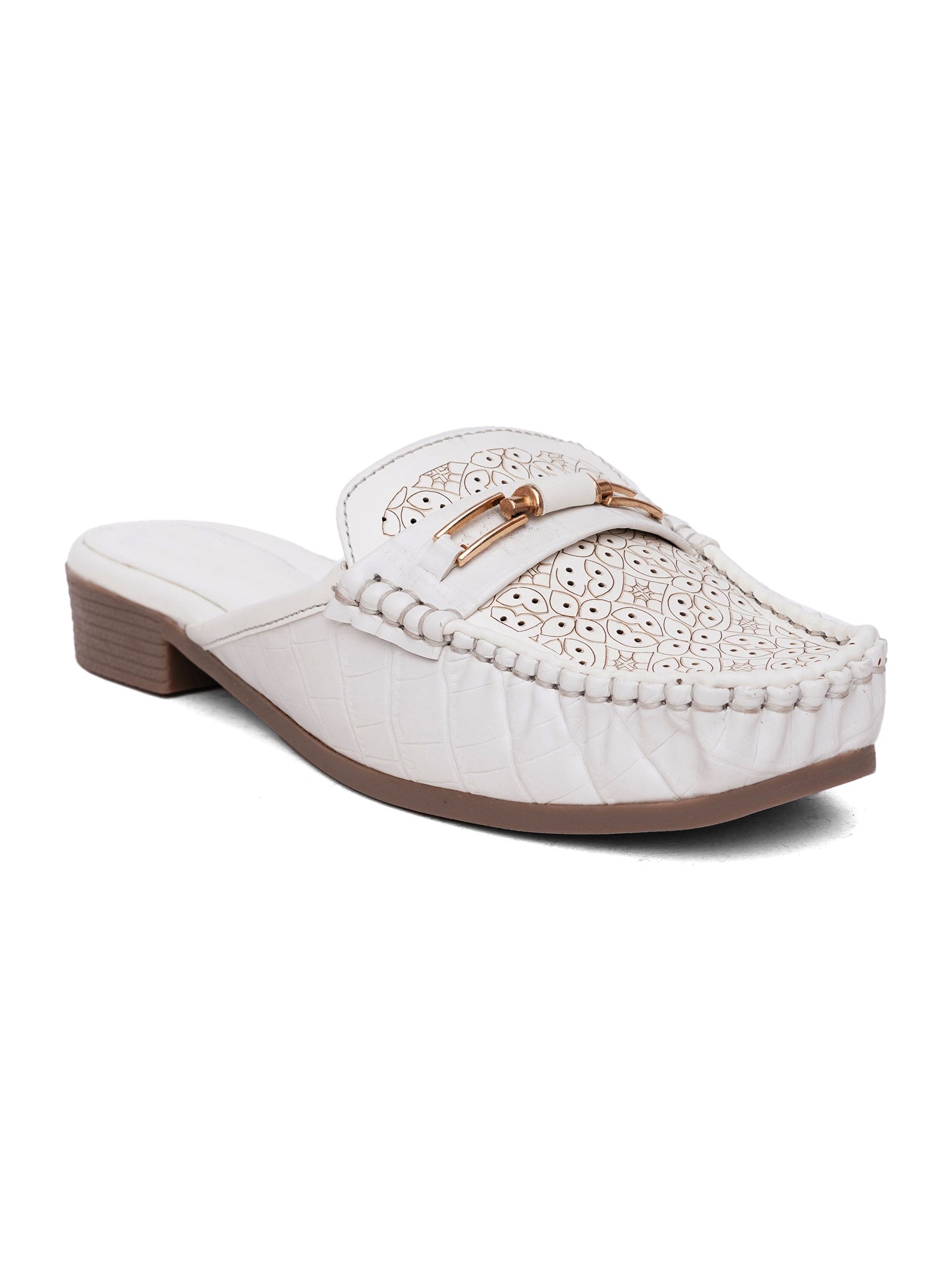 Comfort Cushioned Laser Slip-On Cut Loafer Mule Flats-White