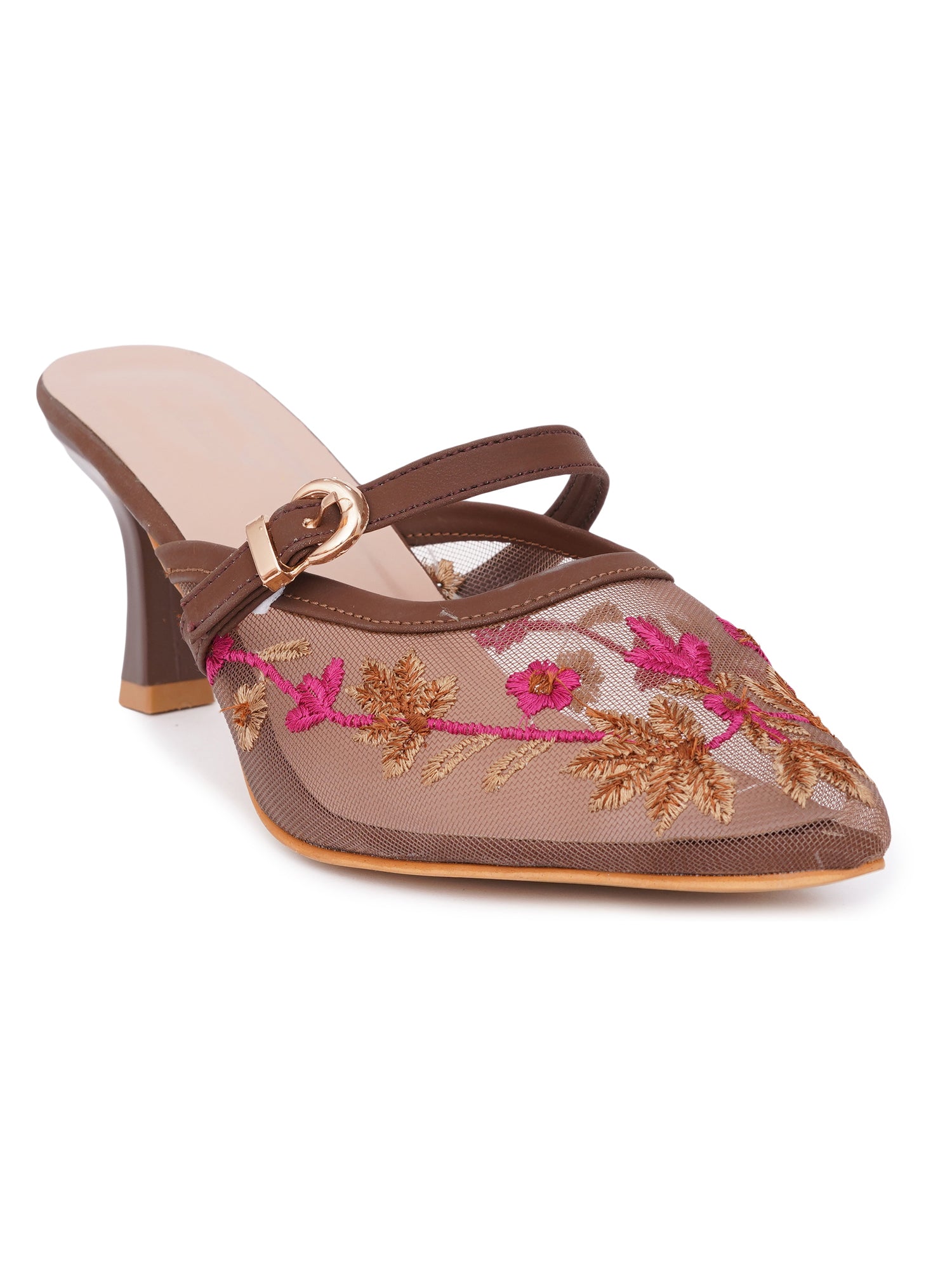 Embroidered Floral Mesh Slingback Kitten Heels
